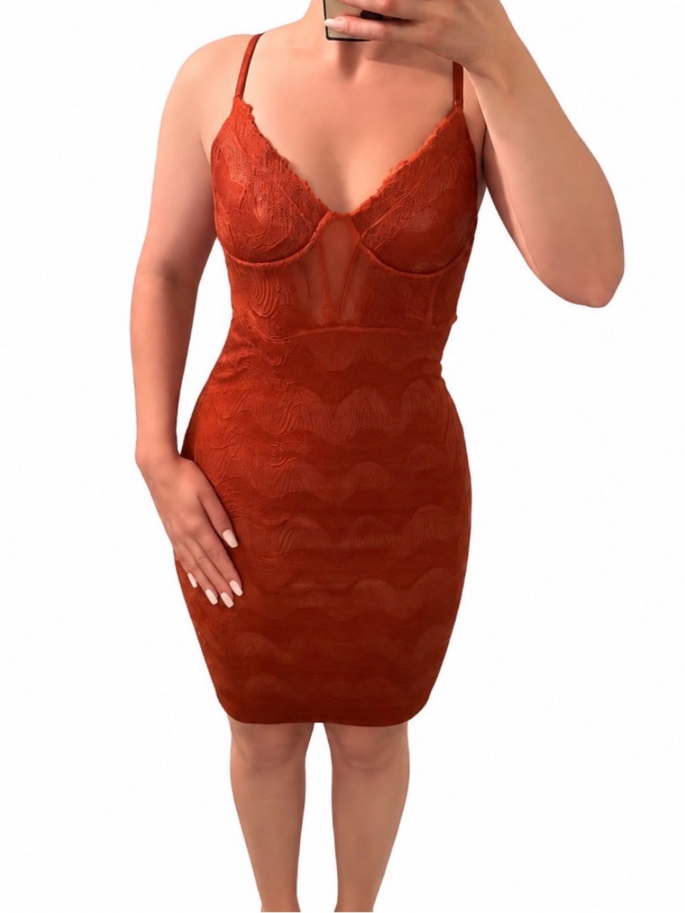 Olive Tree Women's Rust Lace Midi Dress with Adjustable Spaghetti Straps
